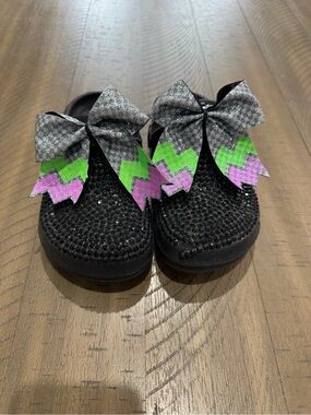 Kids Black Glitter Slip-Ons with Green and Purple Zigzag Bows